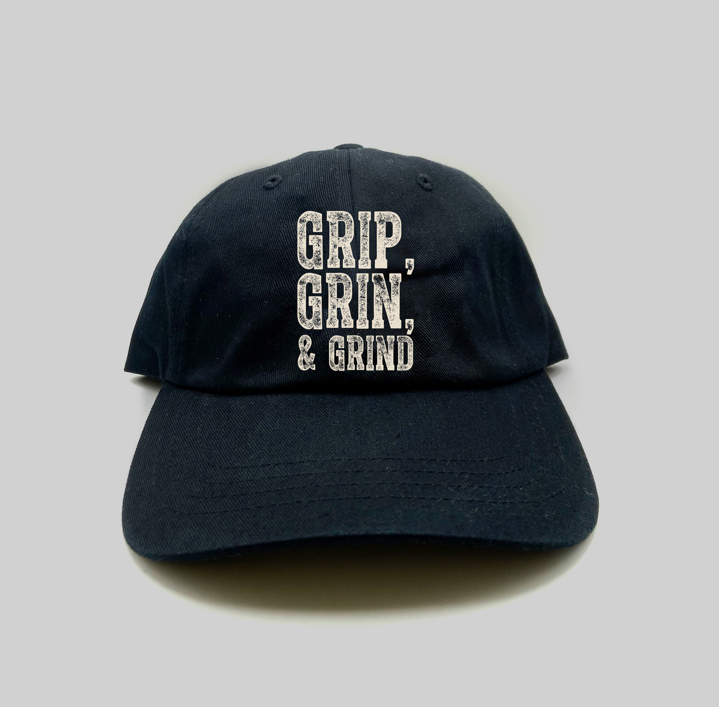 "Grip, Grin, & Grind" Dirty White Dad Hat