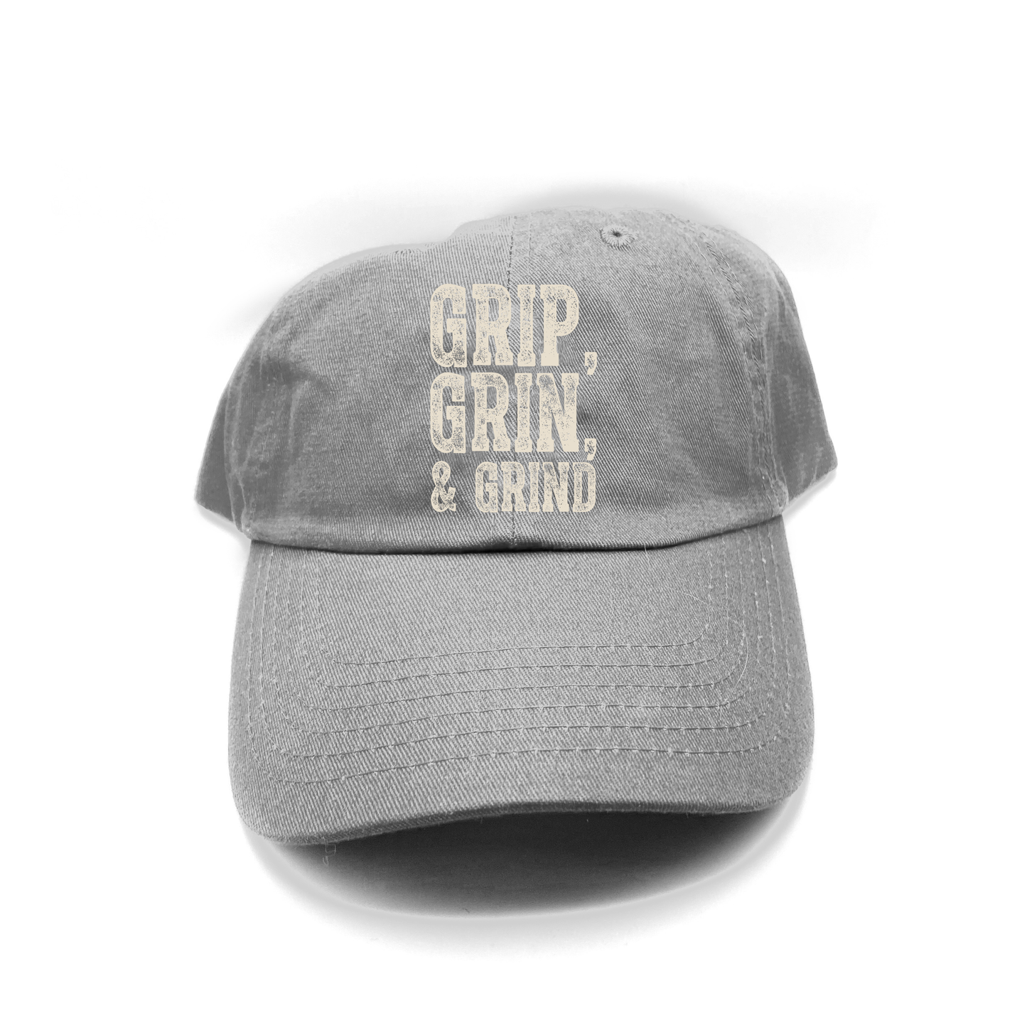 "Grip, Grin, & Grind" Dirty White Dad Hat