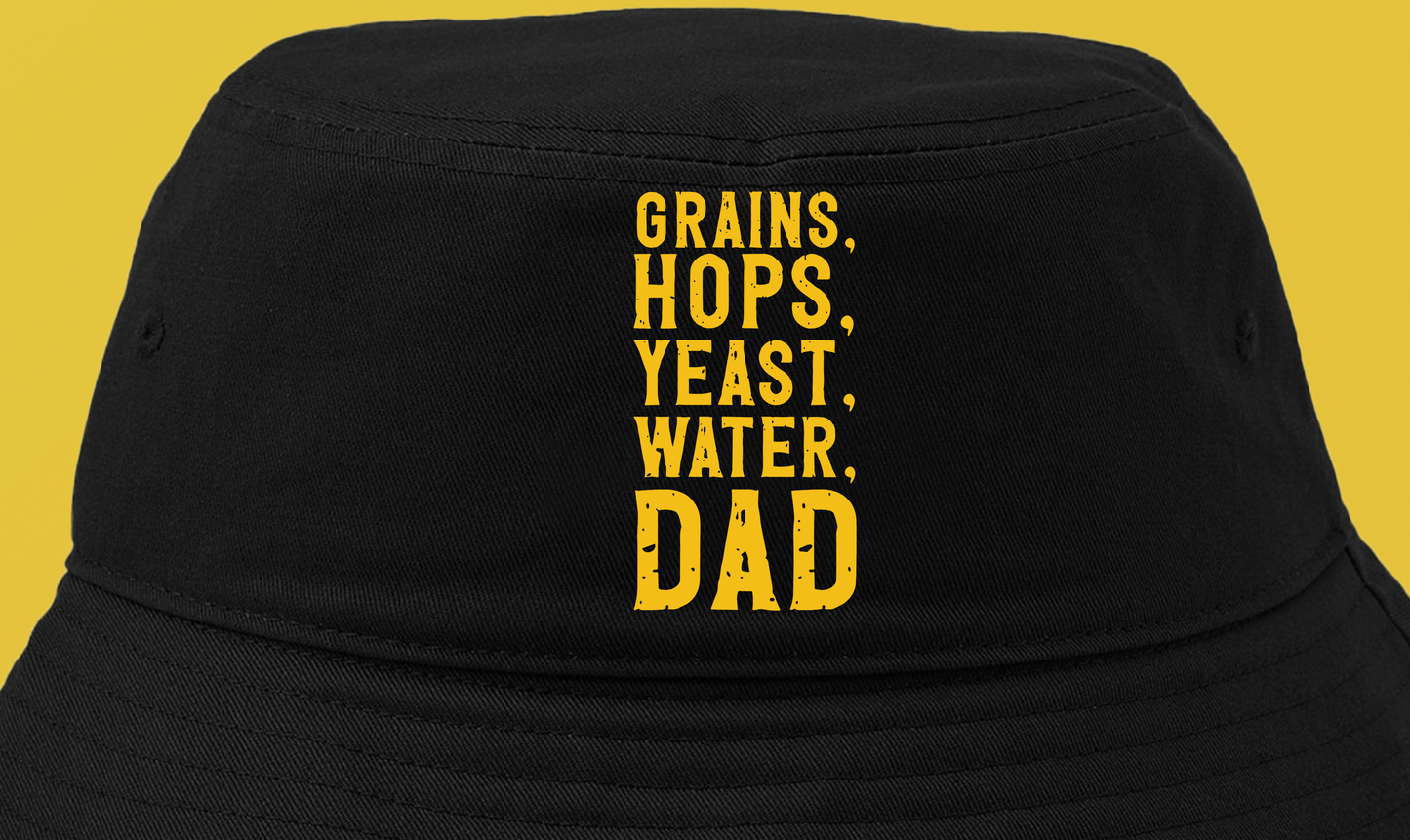 Grains, Hops, Yeast, Water, Dad Yellow Bucket Hat