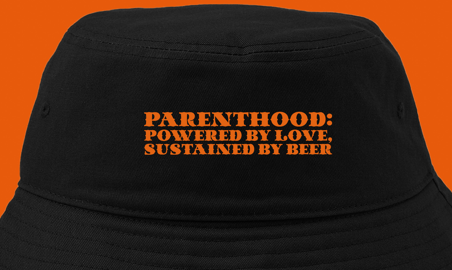 Parenthood: Powered by Love, Sustained by Beer Orange Bucket Hat